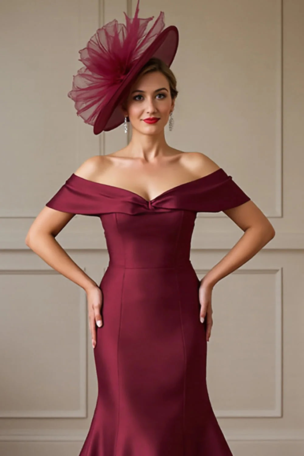 Burgundy Satin Mermaid Off the Shoulder Long Full Of Charm Mother of Bride Dress